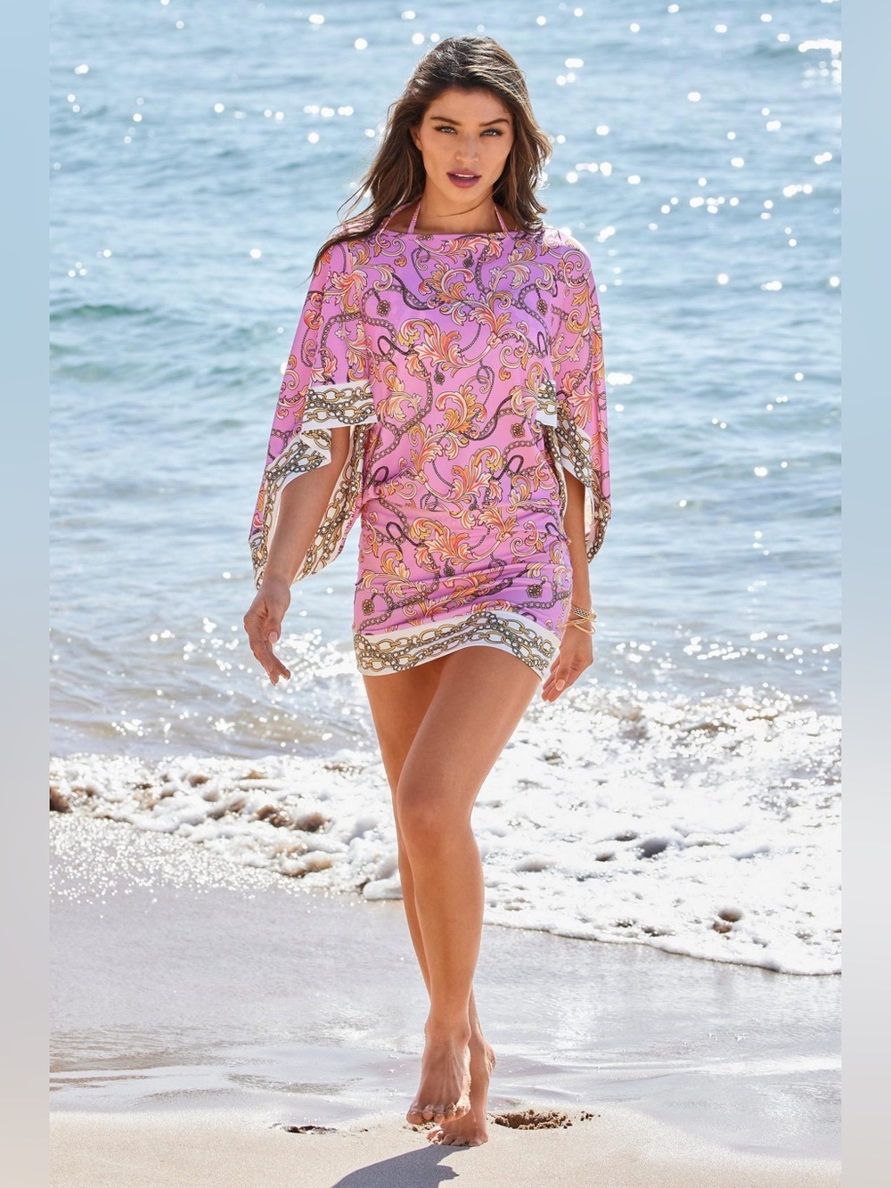 Boston Proper Swim Sense Filigree Status Print Tunic Cover Up XL Pink